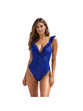 SEAMOLLY Blue Polka Dot One Piece Swimsuit Ruffle Trim Size S NWT